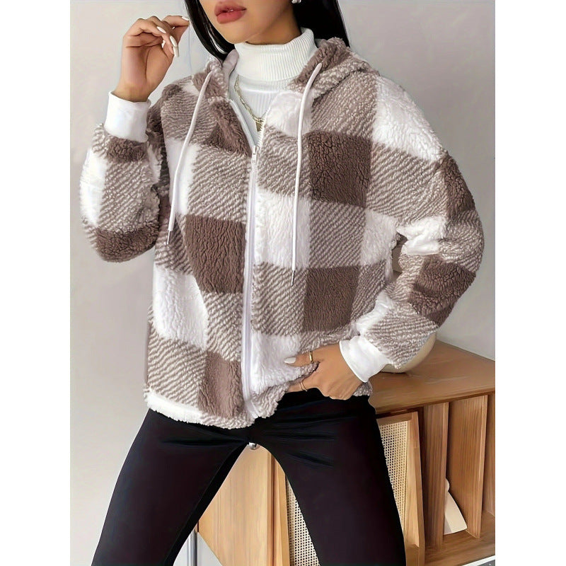 EB | Strickjacke mit Kapuze Übergröße Passform Reißverschluss Flauschige Textur Karomuster