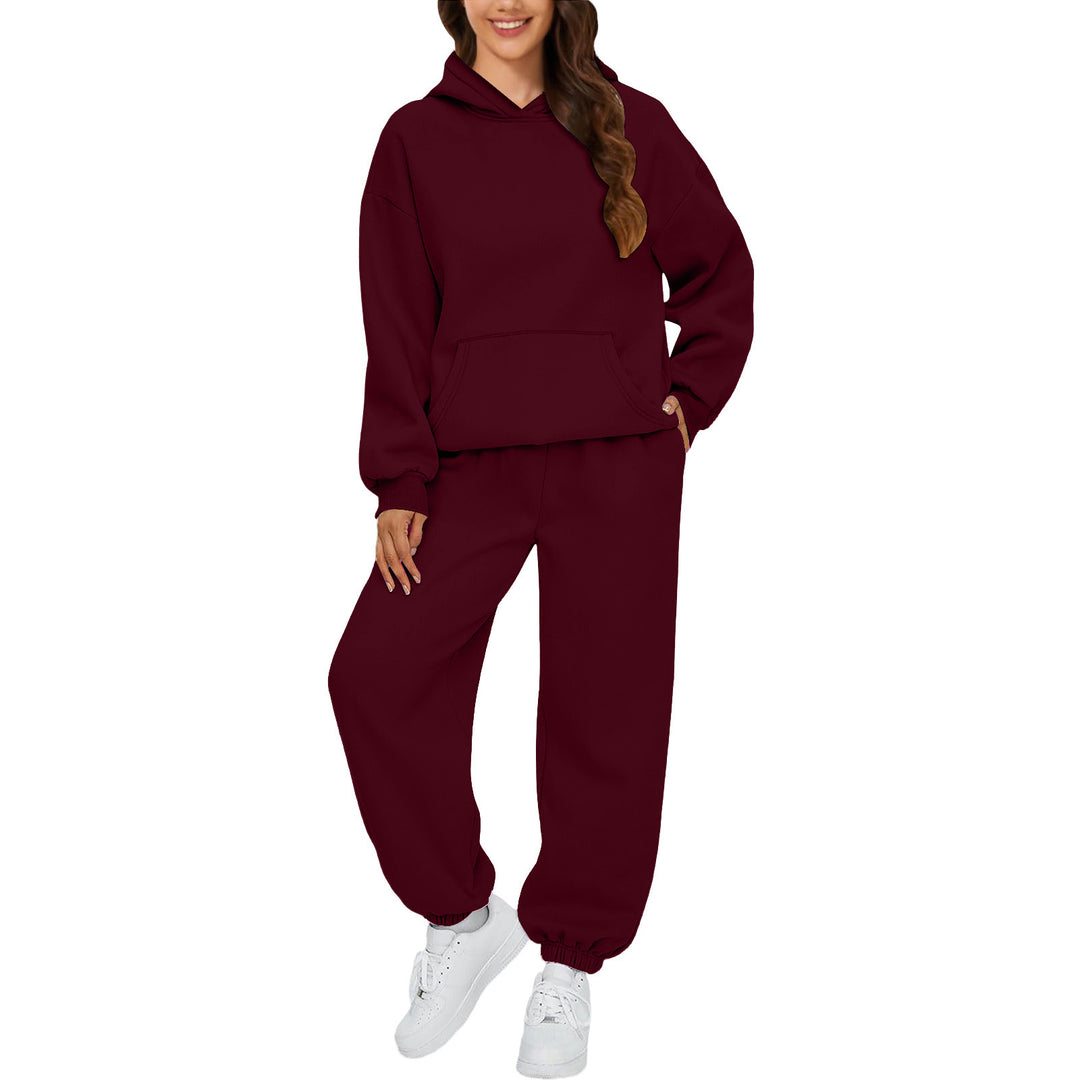 Damen nan gemütliches French-Terry Loungewear-Set mit doppellagiger Kapuze, Kängurutasche und elastischem Knöchel-Jogger EB