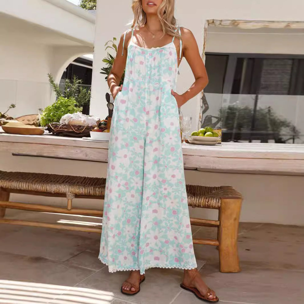 Damen luftiges Sommer-Jumpsuit mit Blumendruck und verstellbaren Trägern EB