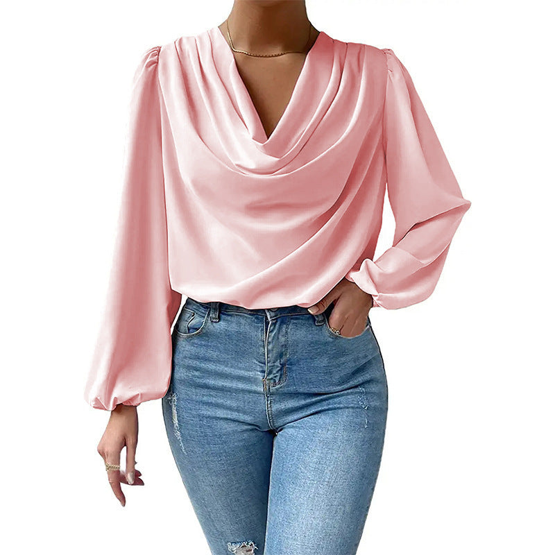 Damen elegante Bluse mit asymmetrischem Halsansatz und langen Ärmeln EB