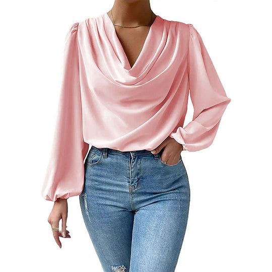 Damen elegante Bluse mit asymmetrischem Halsansatz und langen Ärmeln EB