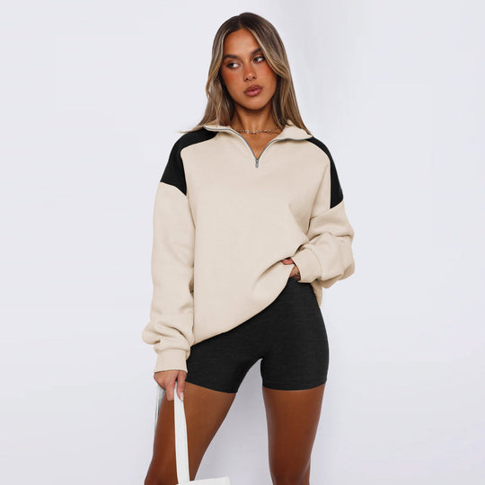 Damen lässiger Sweatshirt mit halbem Reißverschluss und kontrastierenden Ärmeln EB