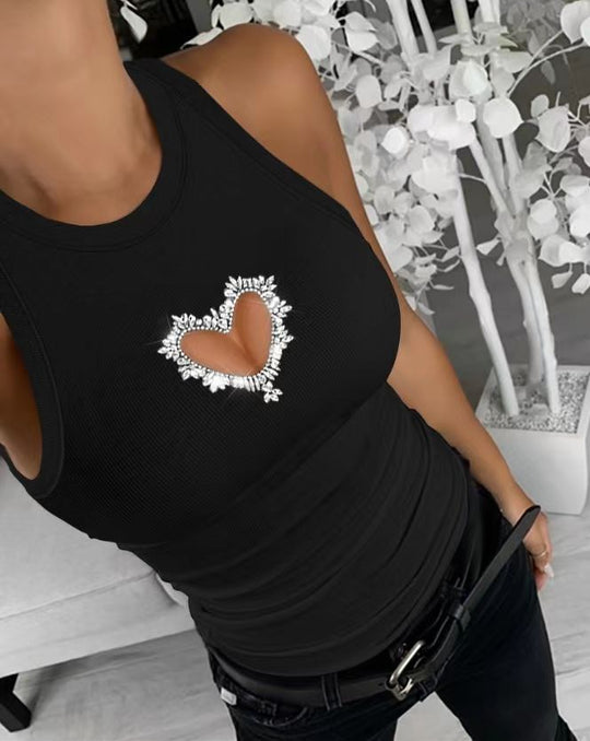 Damen Sportliches Top mit Herz-Ausschnitt und Strassapplikationen EB