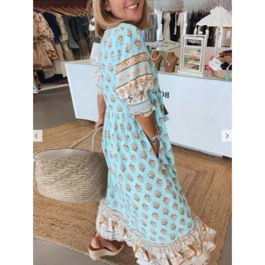 Damen Boho-Stil Kleid mit geflochtener Schnürung und handgefertigten Details EB