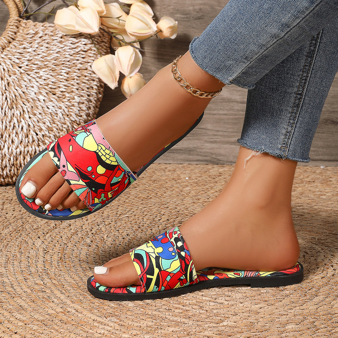 Damen Sommerliche Zehentrenner-Sandalen mit buntem Musterdruck EB