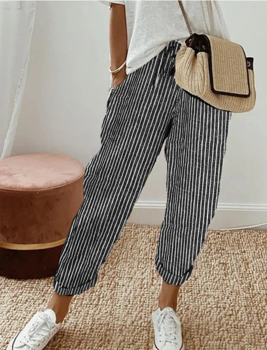Damen lässige Streifenhose mit elastischem Bund und praktischen Eingrifftaschen EB