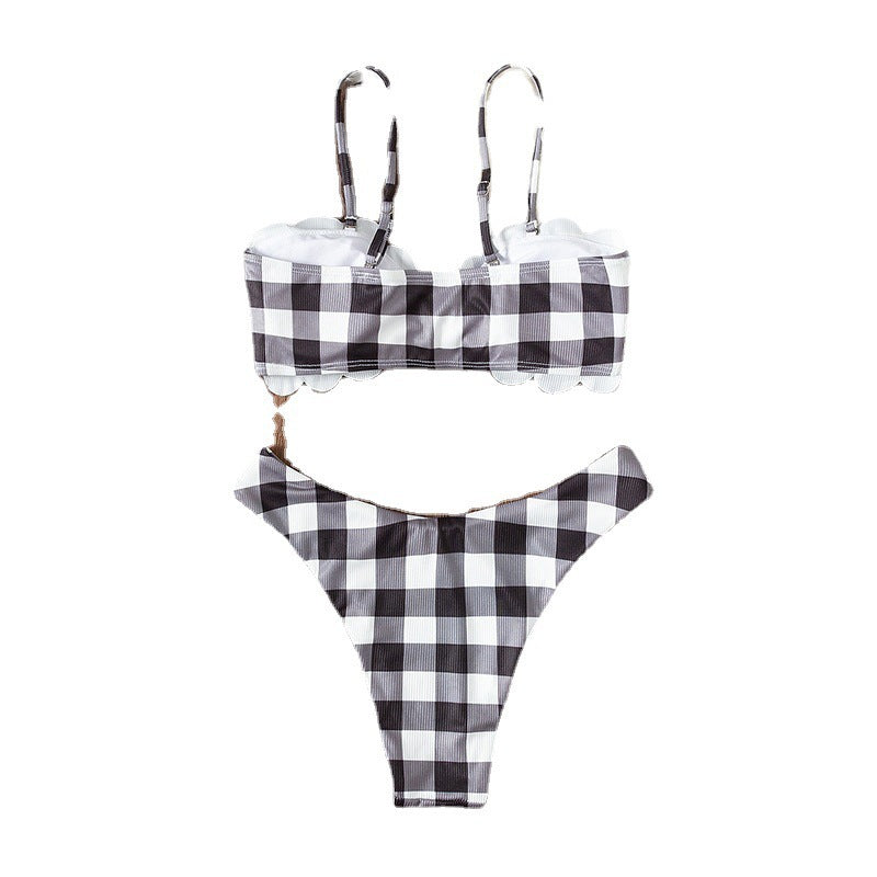Damen Triangel-Bikini mit elegantem Rüschendesign und verspieltem Karomuster EB