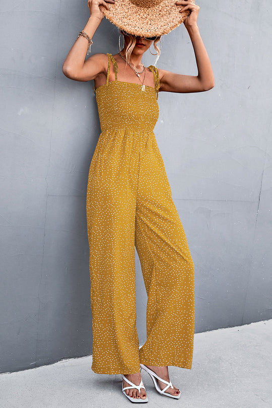Damen luftiger Jumpsuit mit Spaghetti-Trägern und verspieltem Punktemuster EB