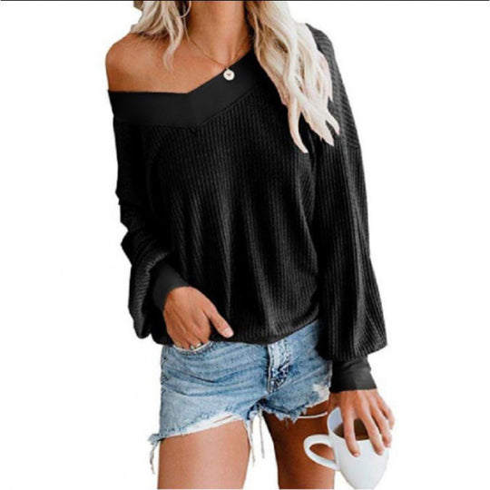 Damen Lockerer Waffelstrick-Pullover mit weitem Off-Shoulder-Ausschnitt und Oversize-Schnitt EB
