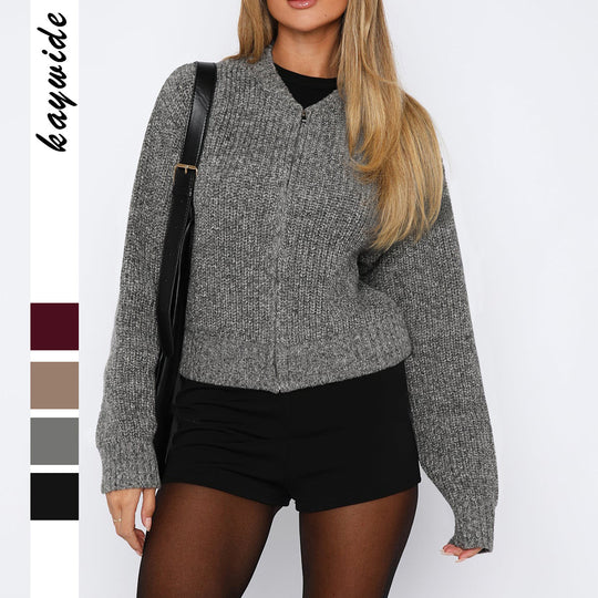 Damen nan kurzes Zip-Strickoberteil mit geripptem Saum, überschnittener Schulter und weichem Wollmix EB