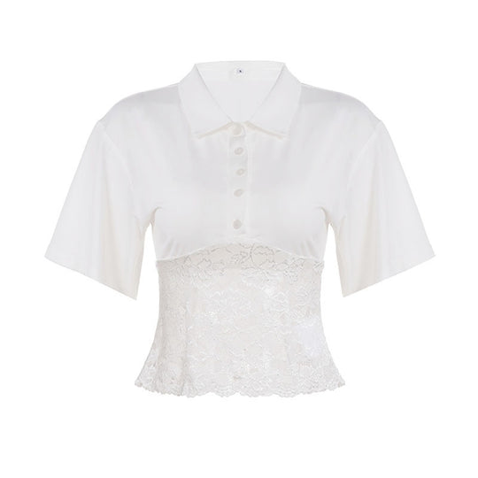 Damen elegantes Kurzarmhemd mit Spitzenbesatz EB