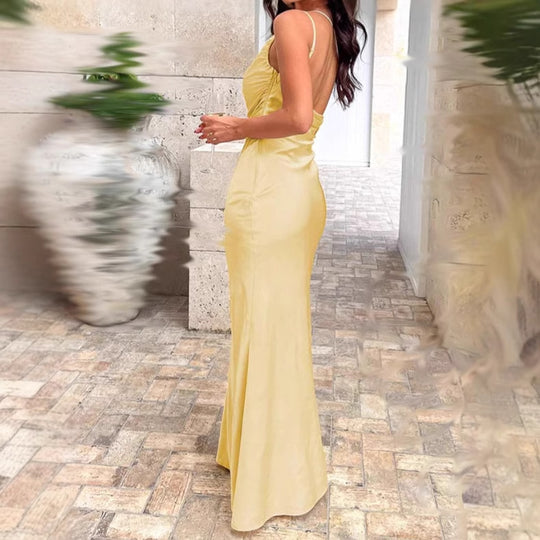 Damen Elegantes Satin-Maxikleid mit asymmetrischem Träger und raffinierten Rüschendetails EB