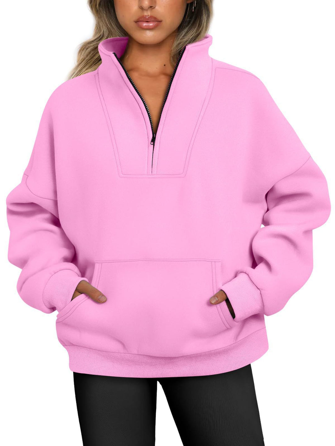 Damen nan oversized Halbzip-Hoodie mit hohem Stehkragen, Kängurutasche und gerippten Bündchen EB