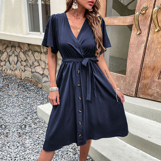 Damen Midi-Kleid mit eleganter Wickeloptik und praktischen Knopfdetails EB