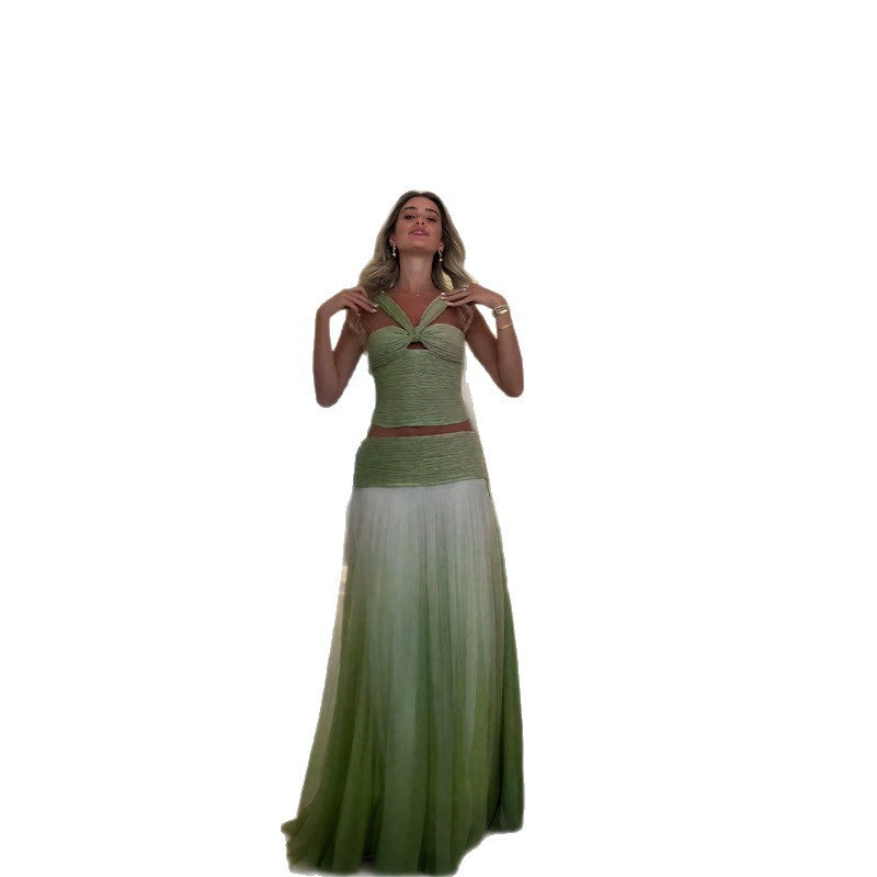 Damen schickes Maxikleid mit geflochtenem Oberteil und fließendem Rock EB