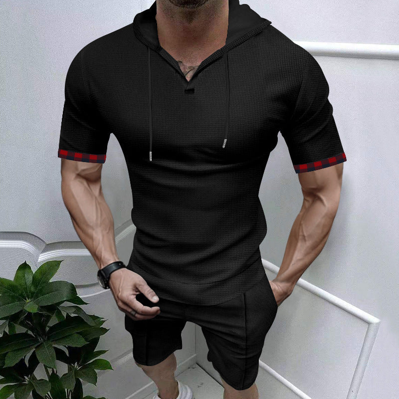 Herren nan sommerliches Kapuzen-Lounge-Set in leichter Waffelstruktur mit Kurzarm-Hoodie Henley-Öffnung und Komfort-Shorts EB