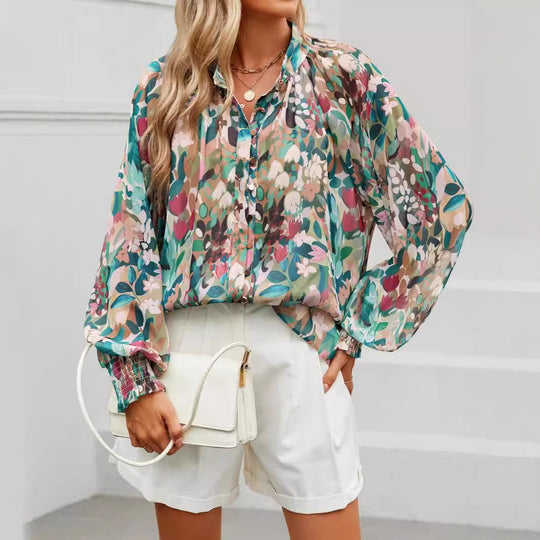 Damen Bluse mit kunstvollem Druck und geschöpften Ärmeln EB
