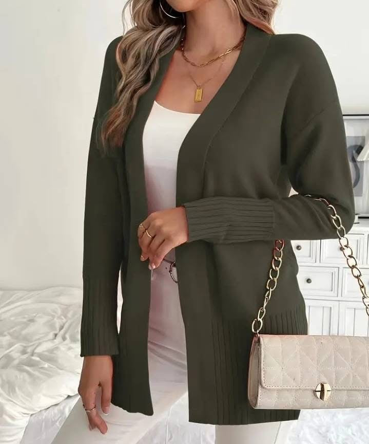 Damen Langer Strickcardigan mit feinen Rippdetails und lässigem Schnitt EB