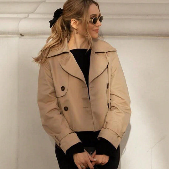 Damen modische Cropped-Trenchjacke mit doppelter Knopfleiste und verstellbaren Ärmeln EB