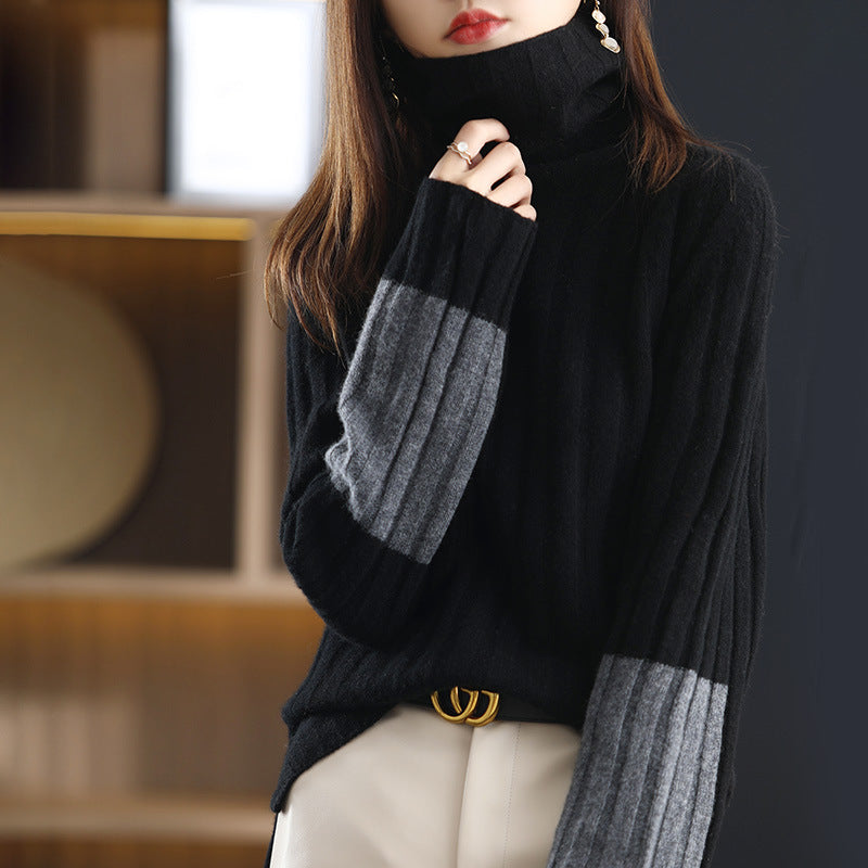 Damen Grob gestrickter Rollkragenpullover mit modischem Streifenmuster EB