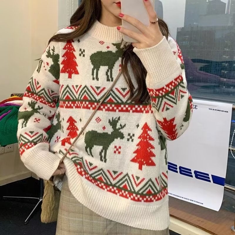 Damen Grobstrickpullover mit festlichem Rentier-Motiv und Rundhalsausschnitt EB