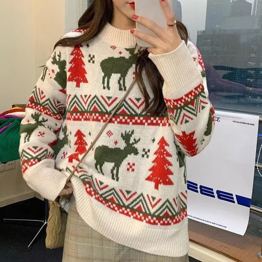 Damen Grobstrickpullover mit festlichem Rentier-Motiv und Rundhalsausschnitt EB