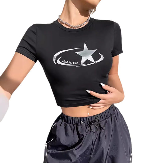 Damen Crop-T-Shirt mit glänzendem Sternmotiv und figurbetontem Schnitt EB