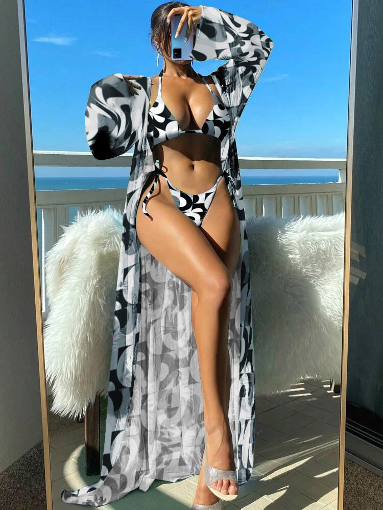 Damen Bikini-Set mit transparentem Kaftan und floralem Design EB