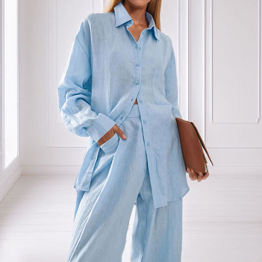 Damen lässiges Leinen-Hemd- und Hosen-Set EB