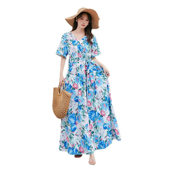 Damen Maxikleid mit eleganter Taille und floralen Akzenten EB