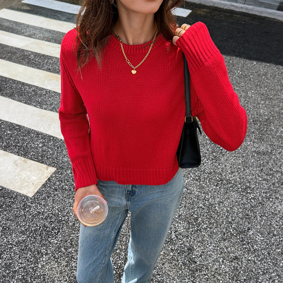 Damen nan gestrickter Feinstrick-Pullover mit Rundhalsausschnitt, leichter Oversize-Passform und gerippten Bündchen EB