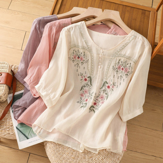 Damen Blusenshirt mit floralem Stickdesign und knöpfbarem Ausschnitt EB