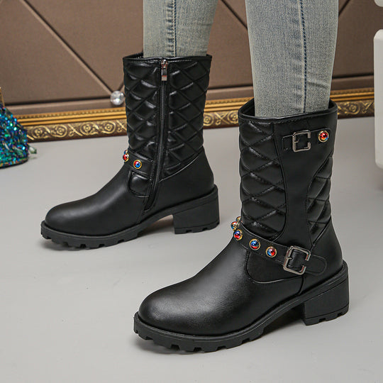 Damen modische Stiefeletten mit dekorativen Schmuckdetails und robustem Profil EB