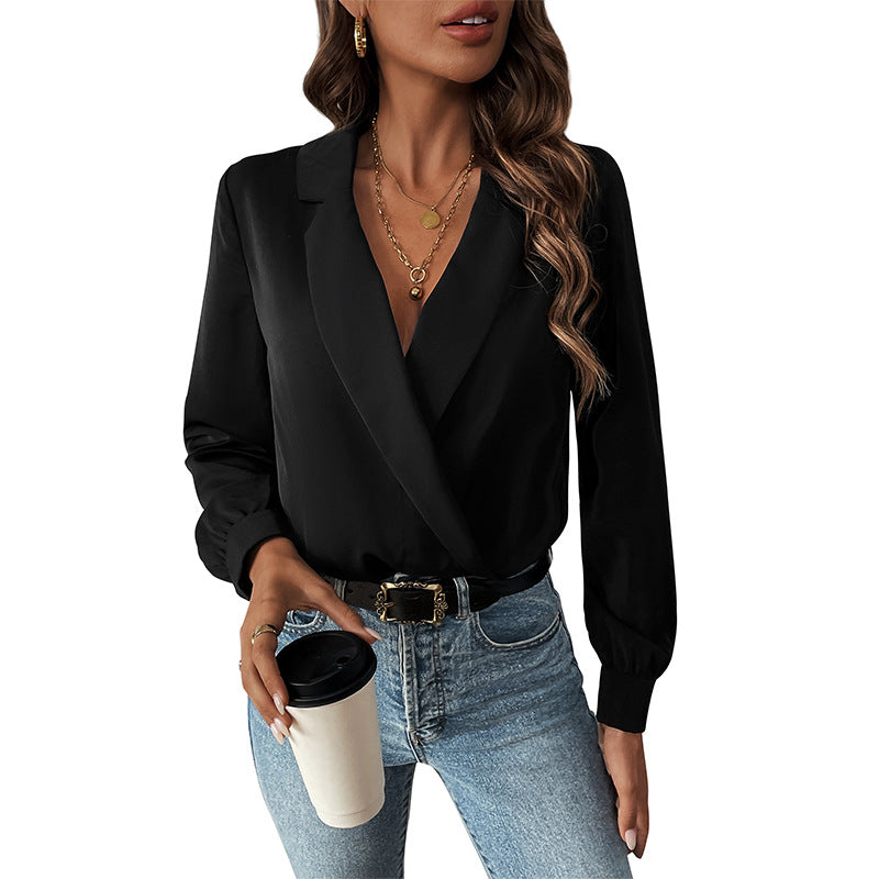 Damen Bluse mit modernem Wickeldesign und eleganten Puffärmeln EB