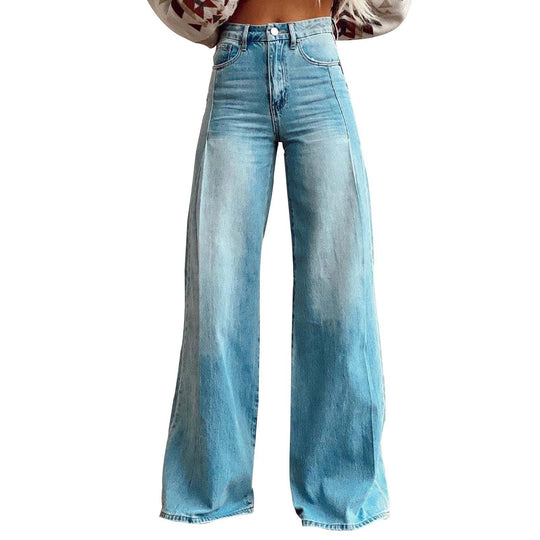 Damen nan hochgeschnittene Schlagjeans mit extra weitem Bein, figurstreckender Passform und dezenter Vintage-Waschung EB