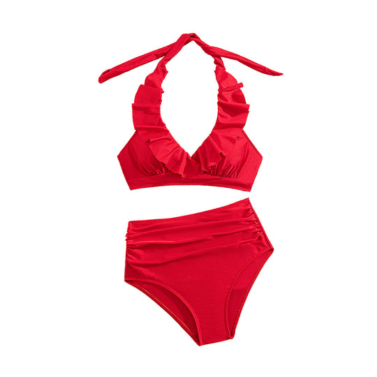 Damen Hoch-waisted Bikini mit voluminösem Rüschendesign EB