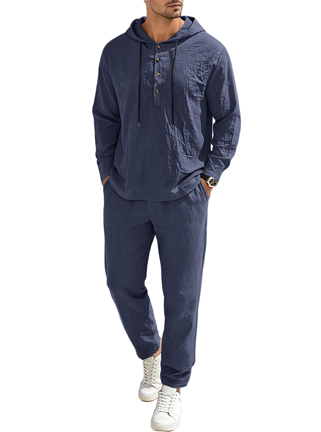 Herren nan entspannter Kapuzen-Henley Freizeitanzug aus leichter Baumwollmischung in Leinenoptik mit Kordelzug und elastischer Bundhose EB