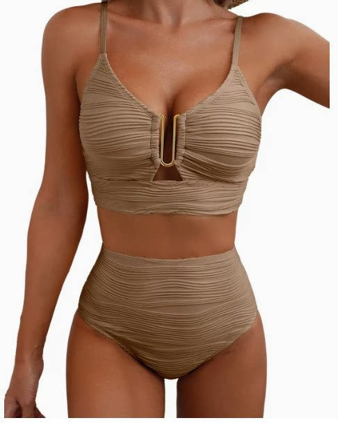 Damen hochgeschnittener Bikini mit gerafftem Oberteil EB