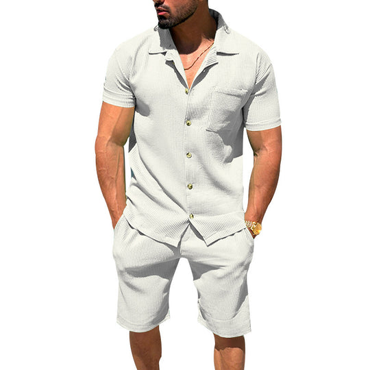 Herren nan lässiges zweiteiliges Freizeitset aus geripptem Jersey mit Hemdkragen Knopfleiste und Shorts EB