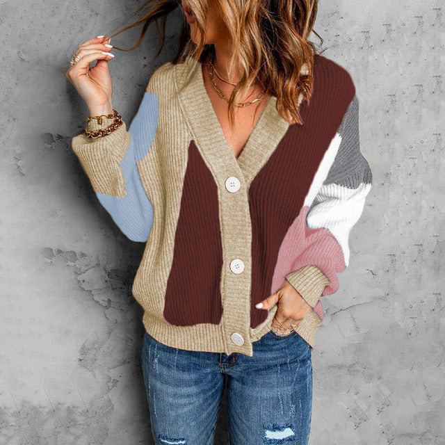 EB | Cardigan mit Farbblöcken V-ausschnitt Weich und Statement-prägend