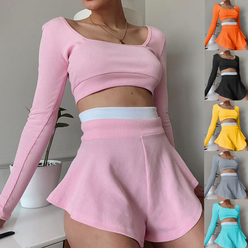 Damen sportliches Crop-Top und Short-Set mit weitem Saum EB