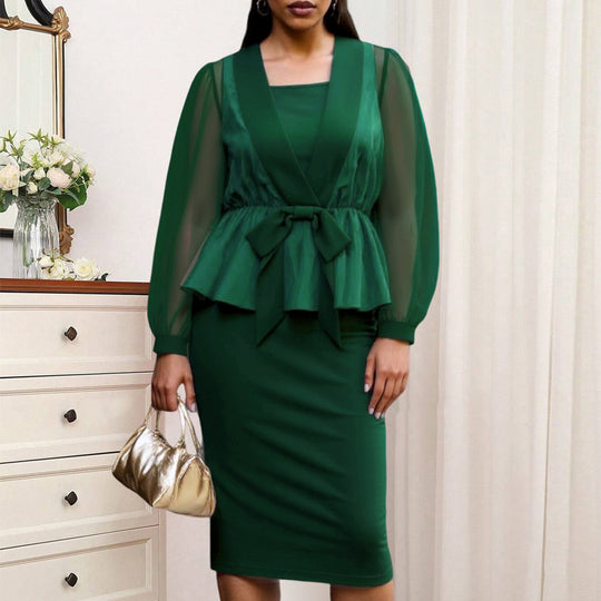 Damen elegantes Kleid mit transparentem Ärmel und tailliertem Gürtel EB