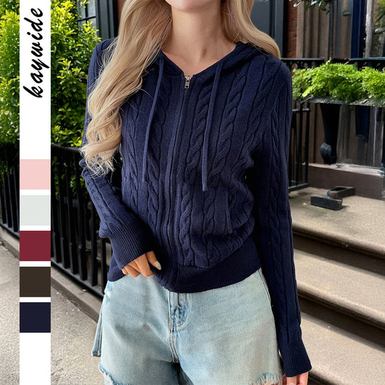 Damen nan Kapuzen-Strickjacke mit Reißverschluss, Zopfstrickstruktur und Kängurutasche EB