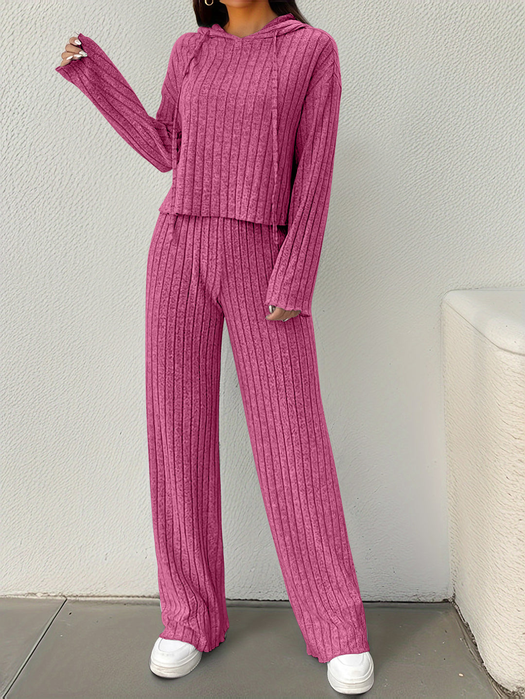 Damen lässiges Strick-Lounge-Set mit Kapuze und weitem Schnitt EB