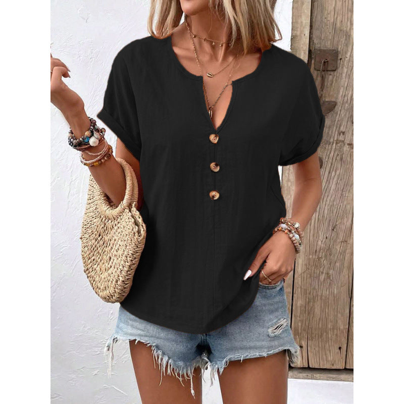 Damen lässige Bluse mit Knopfleiste und rundem Ausschnitt EB