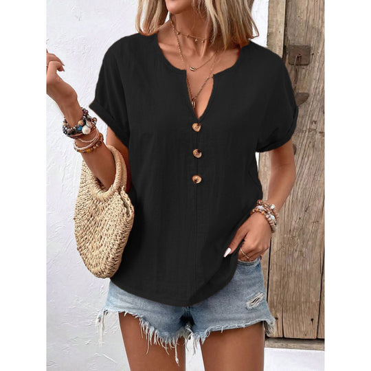 Damen lässige Bluse mit Knopfleiste und rundem Ausschnitt EB