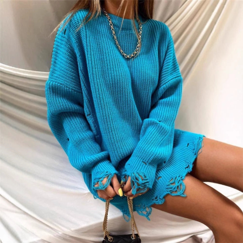Damen lässiger Langpullover mit strukturiertem Rippdesign und offenen Säumen EB