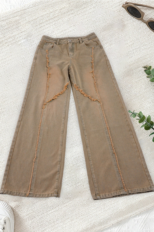 Damen nan hochgeschnittene Wide‑Leg Jeans mit offenen Saumnähten, diagonalem Fransenbesatz und Relaxed Fit EB