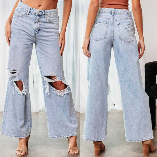 Damen Weit geschnittene Jeans mit modischen Rissen und lässigem Schnitt EB