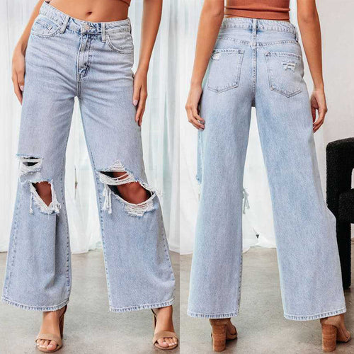 Damen Weit geschnittene Jeans mit modischen Rissen und lässigem Schnitt EB